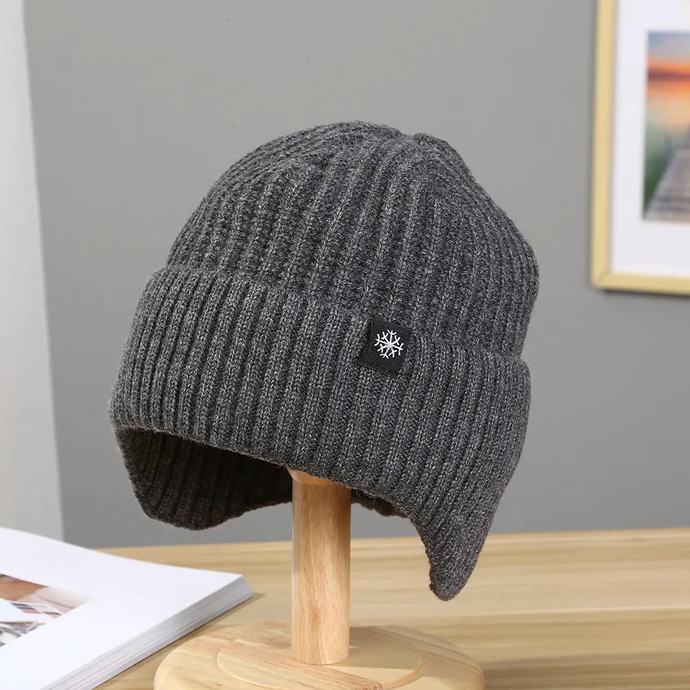 Men Winter Knitted Hat Plush Warmth Peaked Cap Outdoor Earmuff Casual Fashion Faux Fur Lined Bomber Hats Cycling Ear Protection
