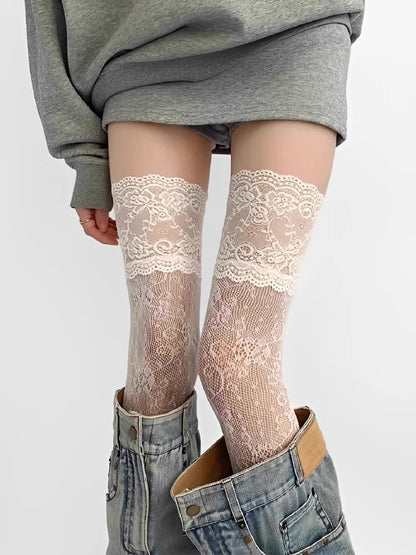 Women'S Sexy Lace Floral Fishnet Stockings Costumes Jk Lolita Thigh High Socks Nylon Mesh Breathable Over The Knee Trim Long