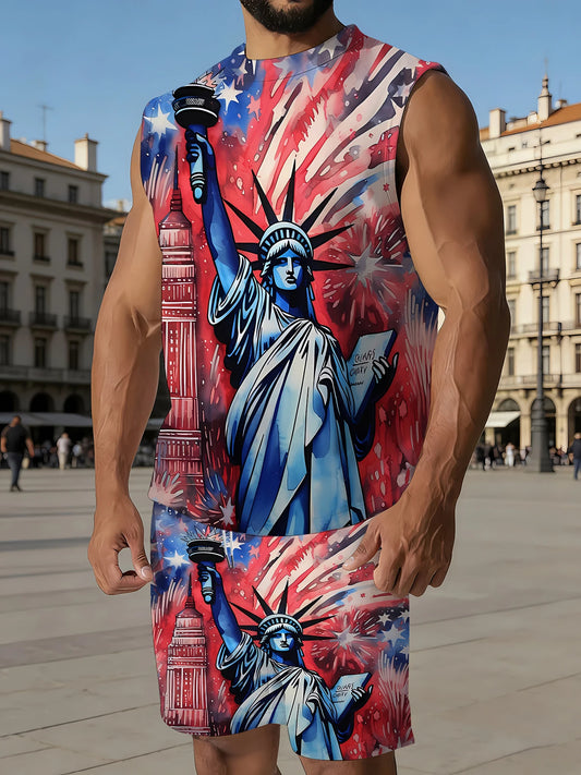 Men's V-Neck Tank Top and Shorts Set Lightweight Polyester Homewear Vacation Outfit Standard Fit
