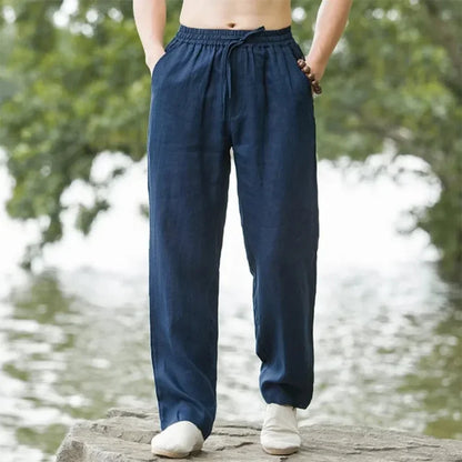 2025 summer men's cotton and linen oversized wide leg pants, men's artistic style elastic waist solid color casual loose pants