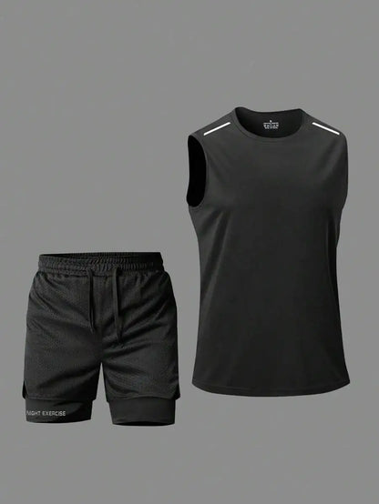 Black Breathable Tank Top And Shorts Set For Night Exercise Running Hiking