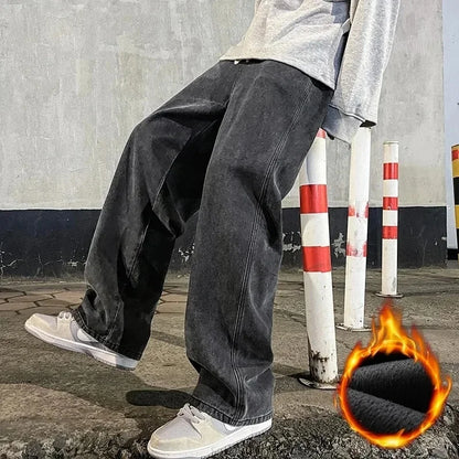 New Streetwear Loose Jeans Men Korean Style Fashion Loose Straight Wide Leg Pants Men's Brand Clothing Black Light Blue