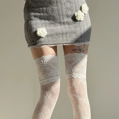 Women'S Sexy Lace Floral Fishnet Stockings Costumes Jk Lolita Thigh High Socks Nylon Mesh Breathable Over The Knee Trim Long