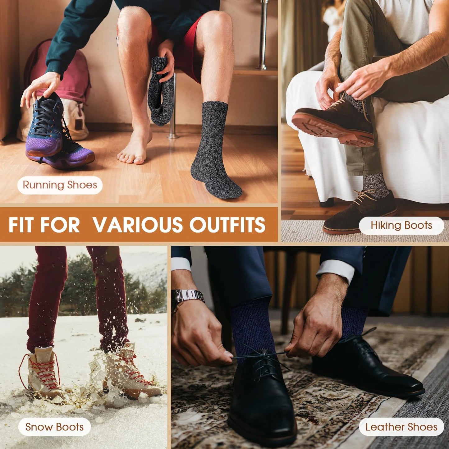 3 Pairs Men’s Winter Thick Wool Socks, Warm Thermal Work Socks for Cold Weather, Size 39–44