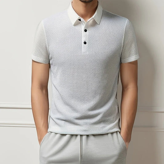 New Men's Business Casual Short Sleeved Bone Flower Solid Color POLO Shirt Fashion Breathable Comfortable Summer Versatile Top
