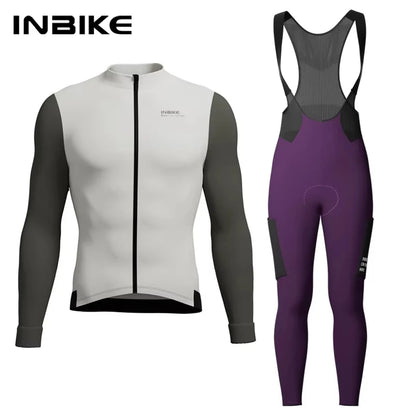 INBIKE Winter Cycling Clothing for Men Fleece Cycling Sets Long Sleeve Jersey with Pockets Long Bicycle Bib Pants for Road Bikes