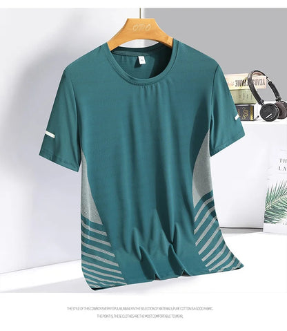 Running T-shirt Men Summer Ice Silk Thin Top Reflective Printing Quick Dry Short Sleeve Breathable Fitness Sports T-shirt 5XL