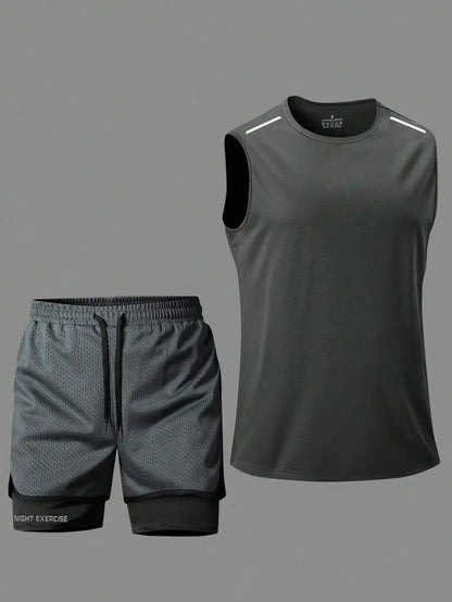 Black Breathable Tank Top And Shorts Set For Night Exercise Running Hiking
