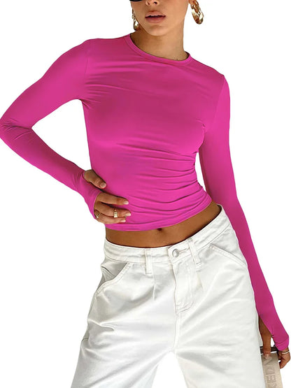 Fashion Women T-shirt Long Sleeve Crew Neck Solid Slim Fit Ladies Crop Top with Thumb Holes for Daily Streetwear Summer Camis