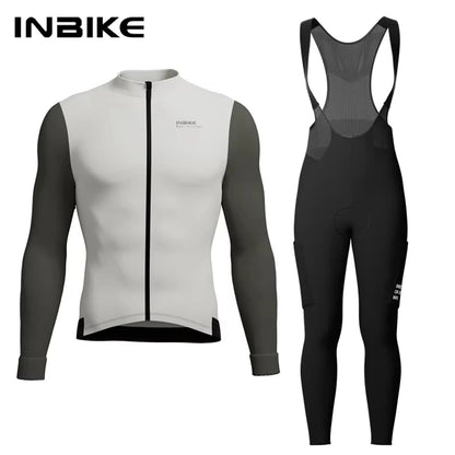 INBIKE Winter Cycling Clothing for Men Fleece Cycling Sets Long Sleeve Jersey with Pockets Long Bicycle Bib Pants for Road Bikes