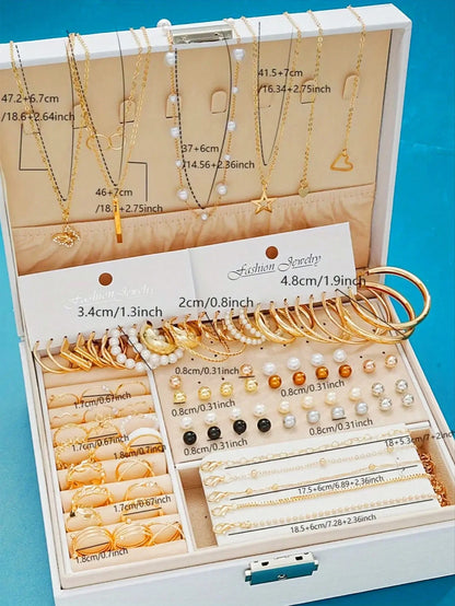 86pcs/Set Elegant Pearl Earrings Multi-Layered Necklace Ear Studs Rings 4-In-1 Jewelry Set For Women Daily Wear Gift (No Box)