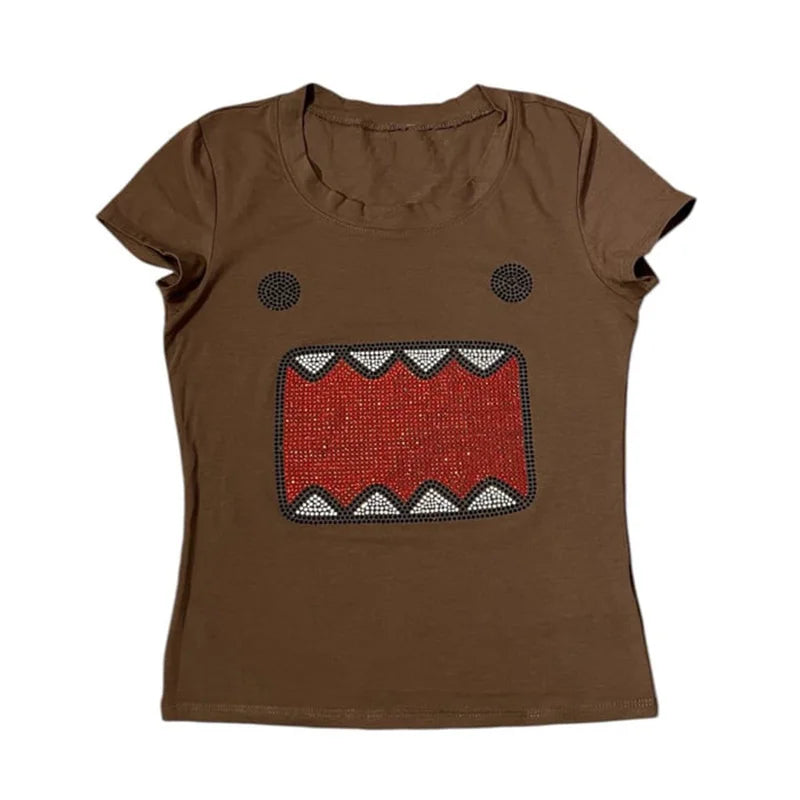 summer new women Y2K Girl Retro Hot Fix Rhinestone Application Round Neck Top T-shirt Funny Vintage Tama Jun Top