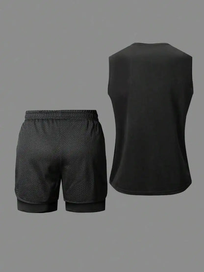 Black Breathable Tank Top And Shorts Set For Night Exercise Running Hiking