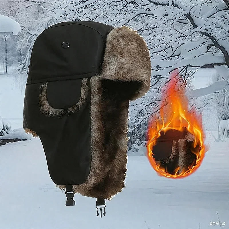 Winter Russian Ushanka Hat Mens Military Style Pilot Cap with Ear Muffs Windproof Cold Weather Army Aviator Fur Patrol Hat