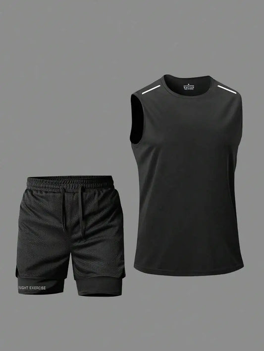 Black Breathable Tank Top And Shorts Set For Night Exercise Running Hiking