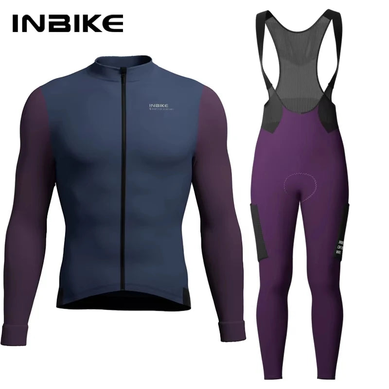 INBIKE Winter Cycling Clothing for Men Fleece Cycling Sets Long Sleeve Jersey with Pockets Long Bicycle Bib Pants for Road Bikes