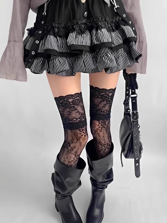 Women'S Sexy Lace Floral Fishnet Stockings Costumes Jk Lolita Thigh High Socks Nylon Mesh Breathable Over The Knee Trim Long