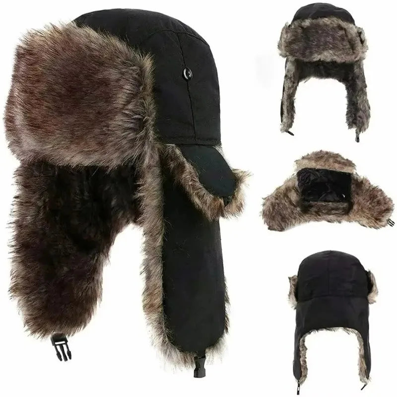 Winter Russian Ushanka Hat Mens Military Style Pilot Cap with Ear Muffs Windproof Cold Weather Army Aviator Fur Patrol Hat