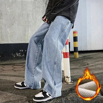 New Streetwear Loose Jeans Men Korean Style Fashion Loose Straight Wide Leg Pants Men's Brand Clothing Black Light Blue