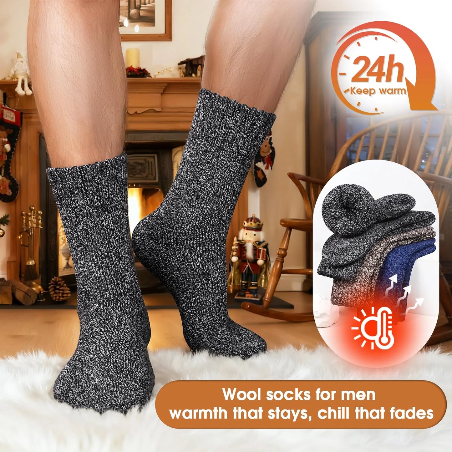 3 Pairs Men’s Winter Thick Wool Socks, Warm Thermal Work Socks for Cold Weather, Size 39–44