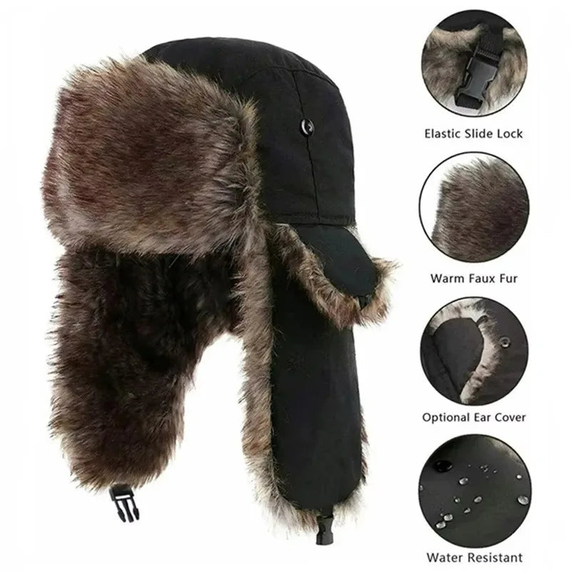 Winter Russian Ushanka Hat Mens Military Style Pilot Cap with Ear Muffs Windproof Cold Weather Army Aviator Fur Patrol Hat