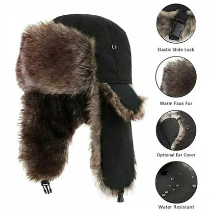Winter Russian Ushanka Hat Mens Military Style Pilot Cap with Ear Muffs Windproof Cold Weather Army Aviator Fur Patrol Hat