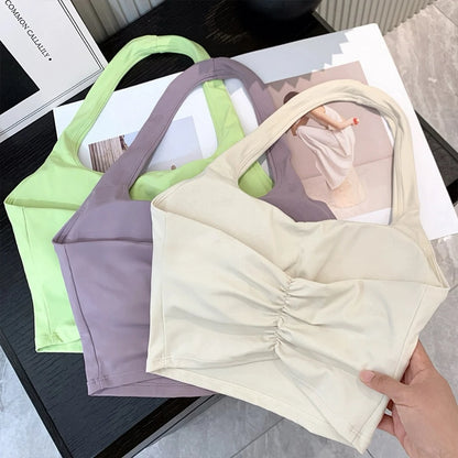 Summer New Sexy Hanging Neck with Chest Pads, Beautiful Back Sports Bra, Women's Light Luxury Fashion, Unique Pleated Sports Bra