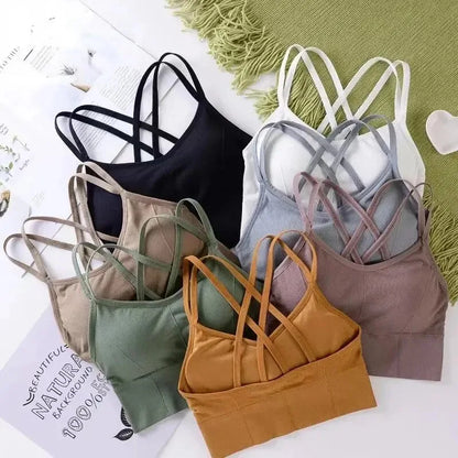 Sexy women Tops back cross strap tank top push up running sports bra breathable soft fitness beauty solid color yoga bra