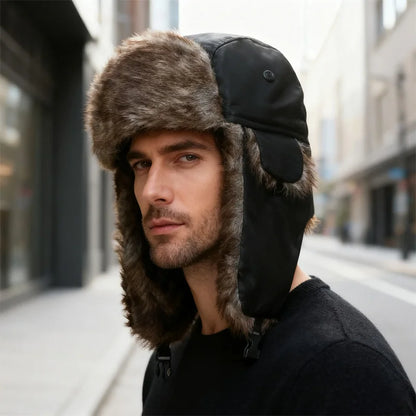 Winter Russian Ushanka Hat Mens Military Style Pilot Cap with Ear Muffs Windproof Cold Weather Army Aviator Fur Patrol Hat