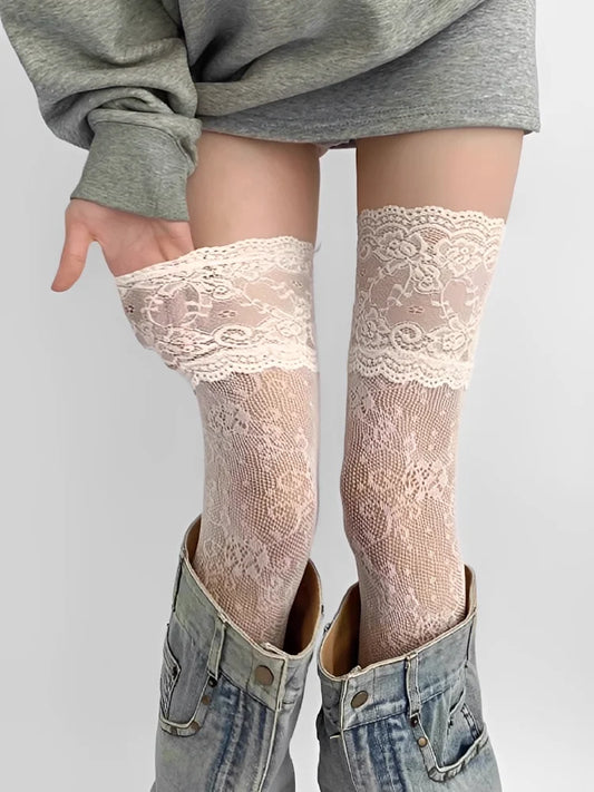 Women'S Sexy Lace Floral Fishnet Stockings Costumes Jk Lolita Thigh High Socks Nylon Mesh Breathable Over The Knee Trim Long