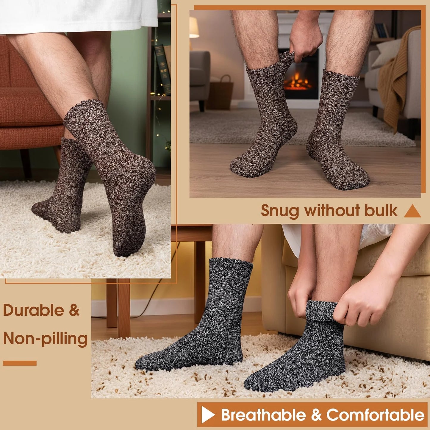 3 Pairs Men’s Winter Thick Wool Socks, Warm Thermal Work Socks for Cold Weather, Size 39–44